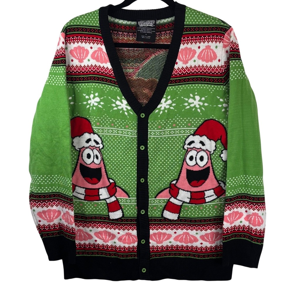 Ugly Christmas Cardigan Oversized Holiday Sweater Spongebob Green Patrick Star M